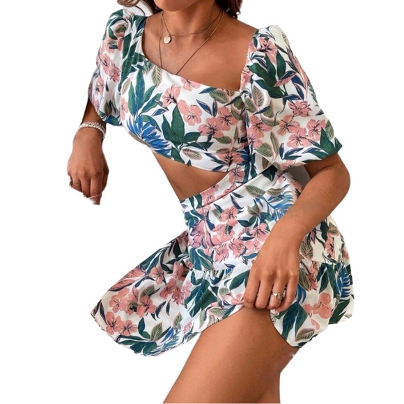 Boho Floral Cut Out Asymmetrical Neckline Lantern Sleeve Dress Size Large - Picture 5 of 8